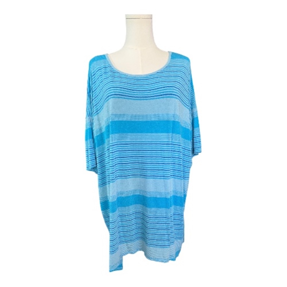 EUC LulaRoe Blue Striped Hi-Low Short Sleeve Top – Size M